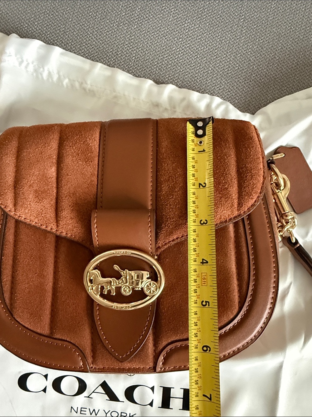 Coach Giorgia Suede and Leather Crossbody in Chestnut Brown with Gold Chain - Picture 5 of 12
